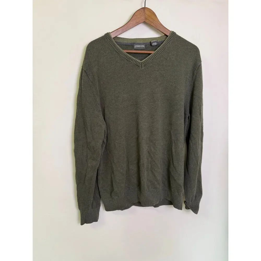 St. John’s Bay Men’s Sweater Large Green 100% Cotton V-Neck Pullover